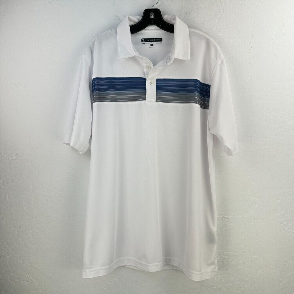 Pebble Beach Dry Luxe Golf Polo Mens XL White Blue Striped Short Sleeve‎ Preppy